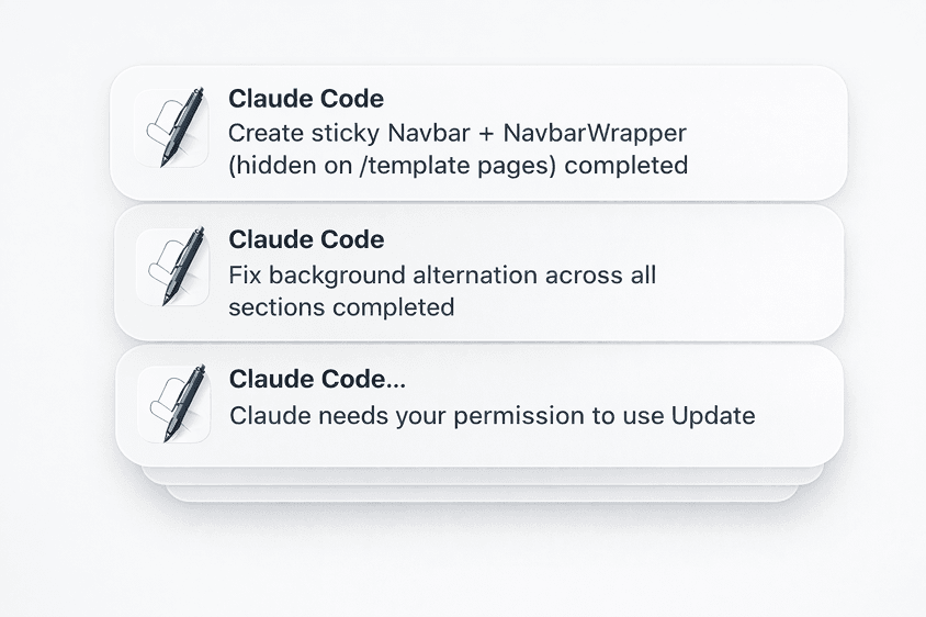 Three macOS desktop notifications from Claude Code showing completed tasks and a permission request