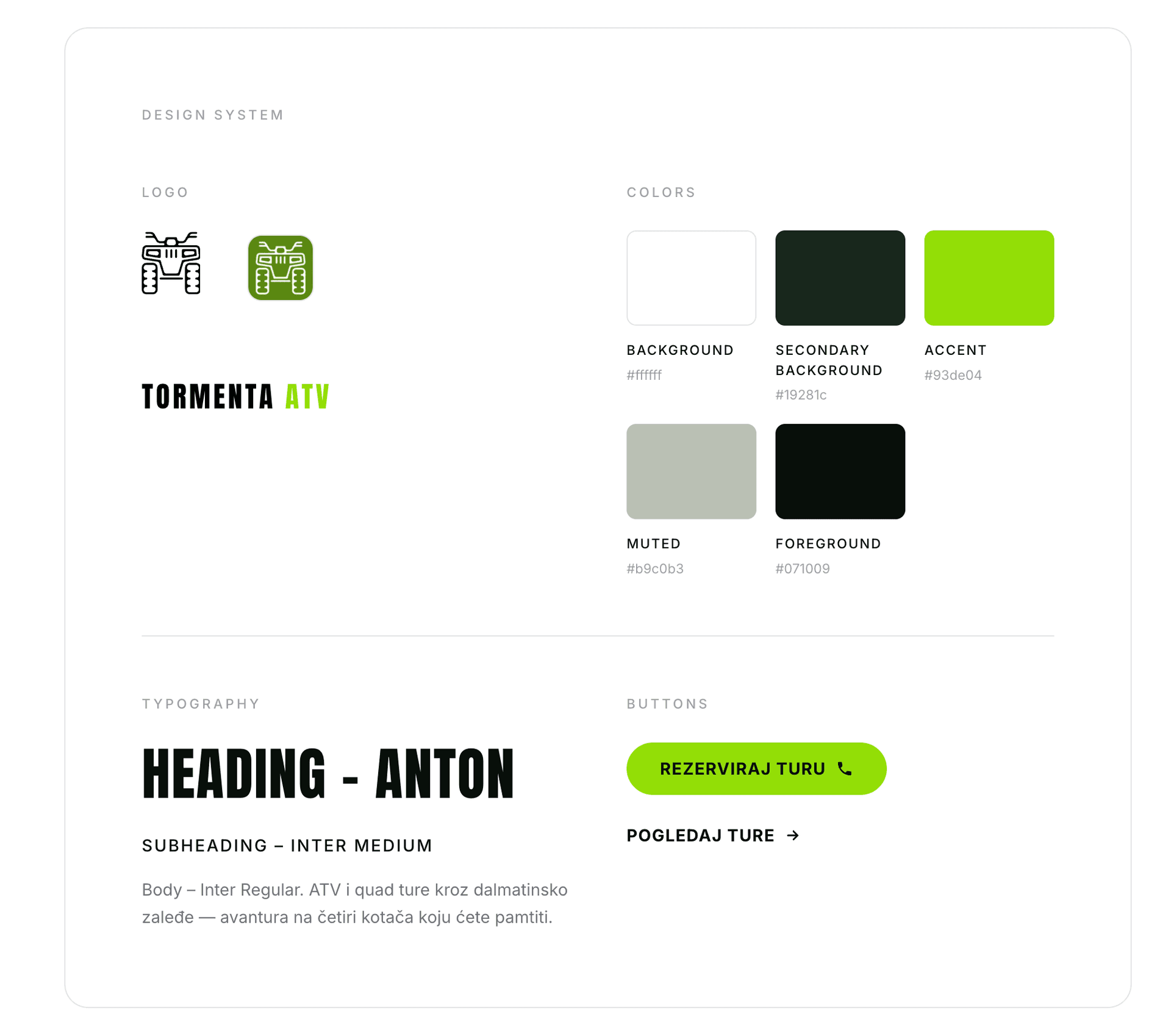 Tormenta ATV design system: logo, colors, typography, and buttons